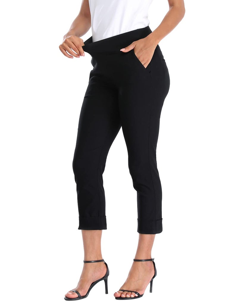 HDE Pull On Capri Pants for Women with Pockets Elastic Waist Cropped Work Pants Black - M - Image 2