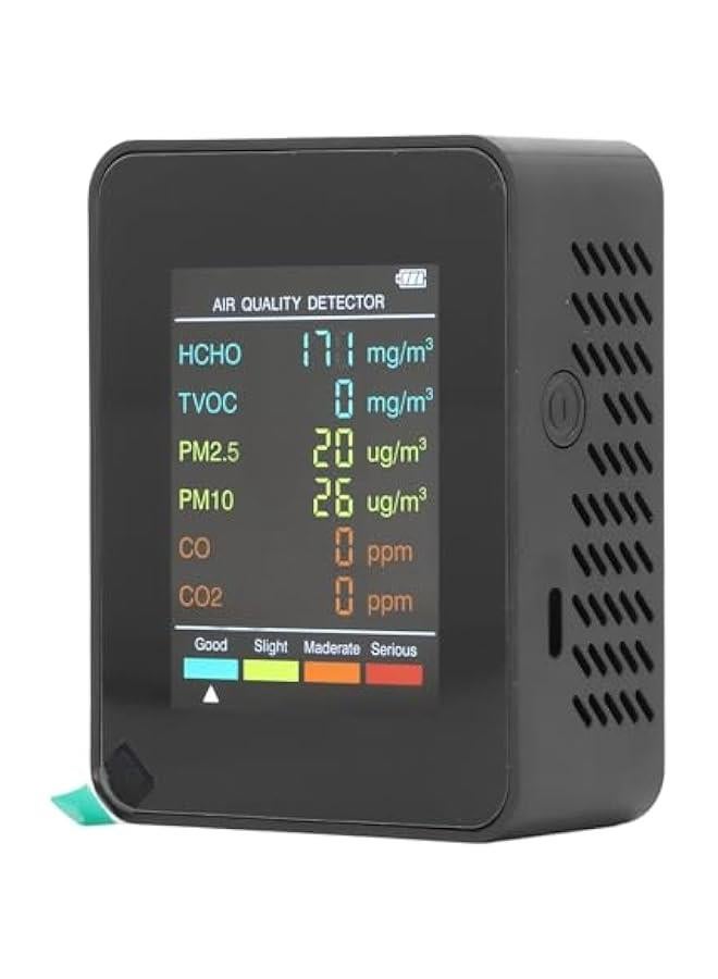 جهاز مراقبة جودة الهواء المحمول مع شاشة LCD مضاءة خلفياً لاكتشاف CO2 وTVOC وHCHO وPM2.5 وPM10 ونظام إنذار داخلي (أسود) - Image 1