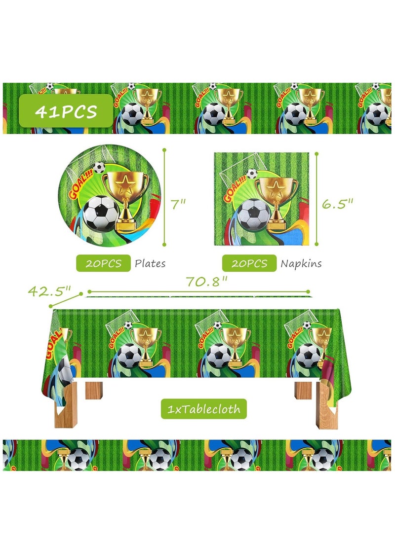 Excefore طقم أدوات المائدة للحفلات، 41 قطعة بتصميم كرة القدم لزينة طاولة الحفل بما في ذلك غطاء الطاولة والأطباق والمناشف، مستلزمات وزينة حفلات عيد الميلاد للأولاد والبنات لـ 20 ضيف (كرة القدم) - Image 3