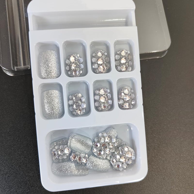 OSTTMA 24Pcs Short Press on Nails Luxury Rhinestone Fake Nails Elegant Glue On Nail with Sparkly Rhinestones Gem Design Silver Glitter Acrylic False Nails for Women Manicure Decoration - Image 3