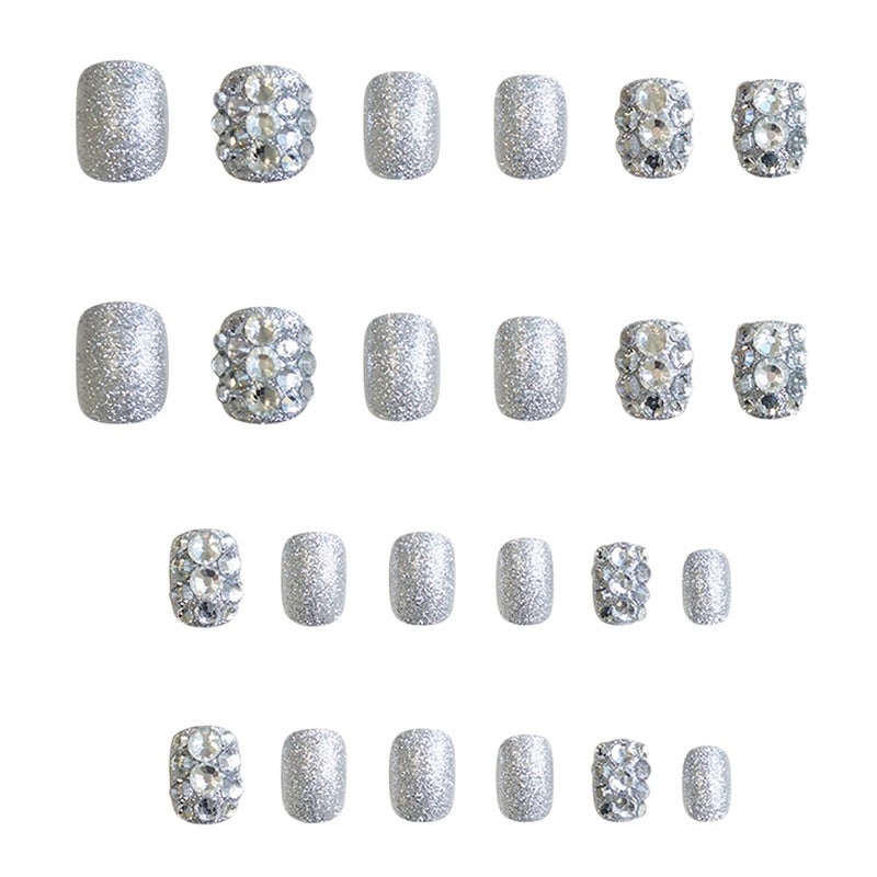 OSTTMA 24Pcs Short Press on Nails Luxury Rhinestone Fake Nails Elegant Glue On Nail with Sparkly Rhinestones Gem Design Silver Glitter Acrylic False Nails for Women Manicure Decoration - Image 5
