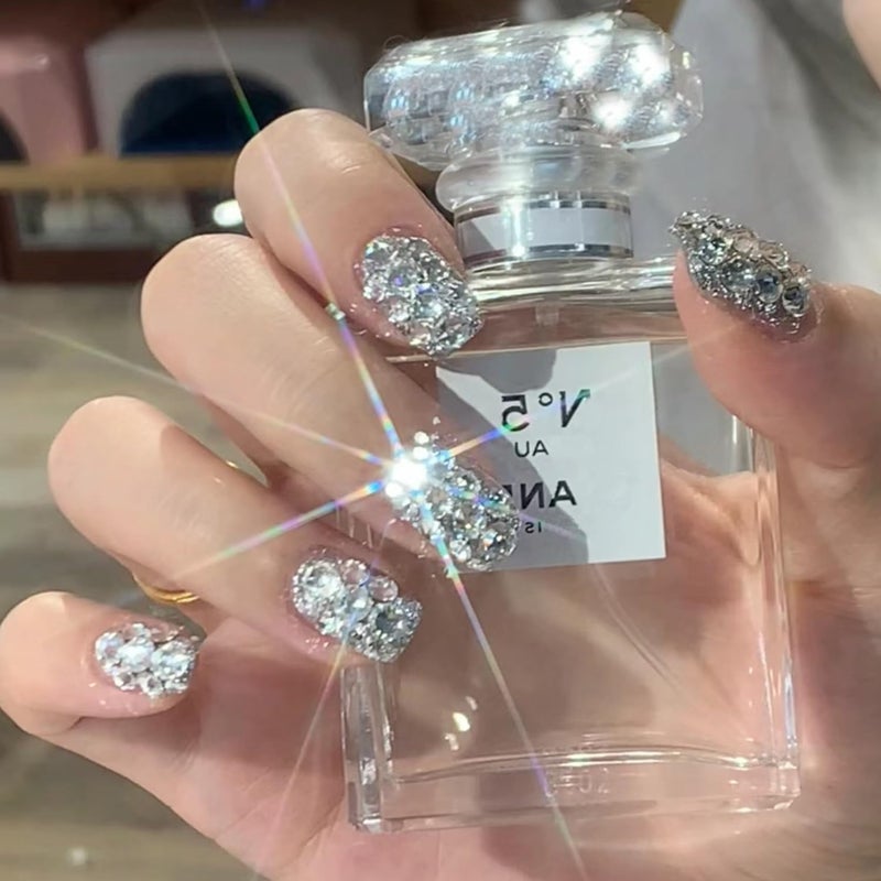 OSTTMA 24Pcs Short Press on Nails Luxury Rhinestone Fake Nails Elegant Glue On Nail with Sparkly Rhinestones Gem Design Silver Glitter Acrylic False Nails for Women Manicure Decoration - Image 1