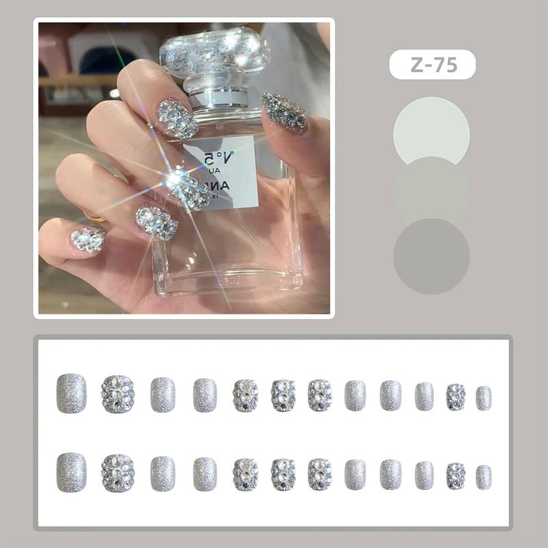 OSTTMA 24Pcs Short Press on Nails Luxury Rhinestone Fake Nails Elegant Glue On Nail with Sparkly Rhinestones Gem Design Silver Glitter Acrylic False Nails for Women Manicure Decoration - Image 2