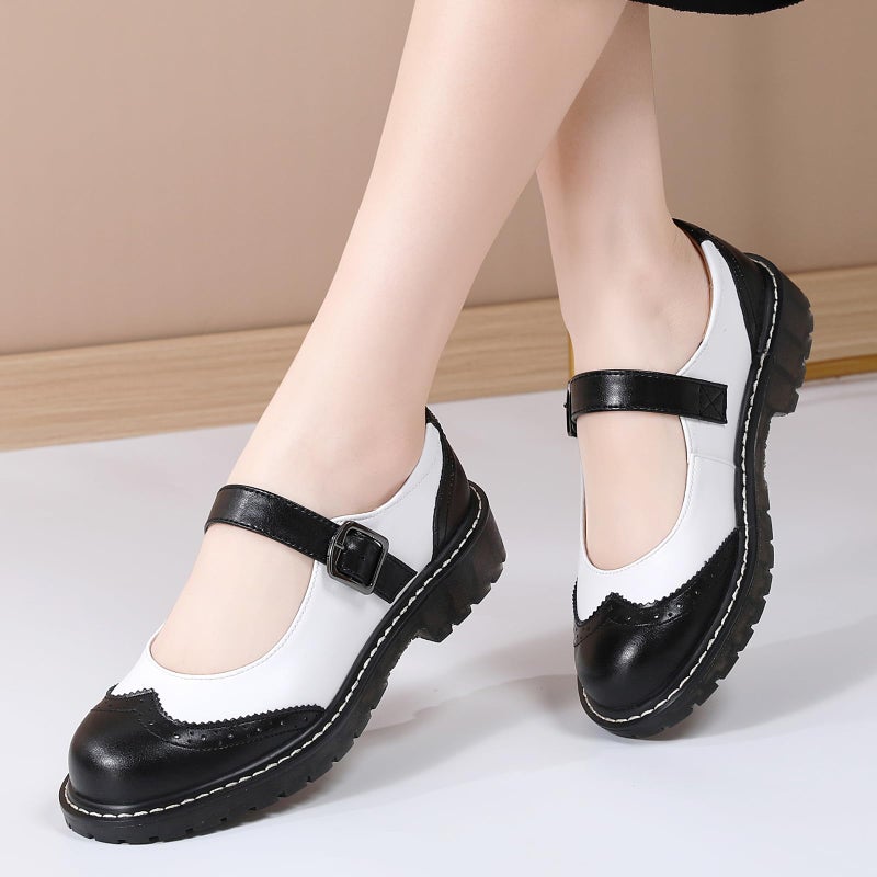 XMM Mary Jane Shoes Women Black Mary Janes Flats Ladies Oxford Shoes for Women Comfort Leather Round Toe Non-Slip Ankle Strap Dressy Casual Cute Girls Kawaii Lolita School Trendy Shoes White US 8.0 - Image 3