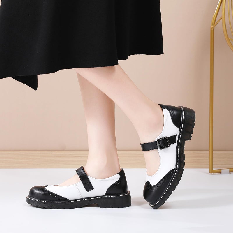 XMM Mary Jane Shoes Women Black Mary Janes Flats Ladies Oxford Shoes for Women Comfort Leather Round Toe Non-Slip Ankle Strap Dressy Casual Cute Girls Kawaii Lolita School Trendy Shoes White US 8.0 - Image 2