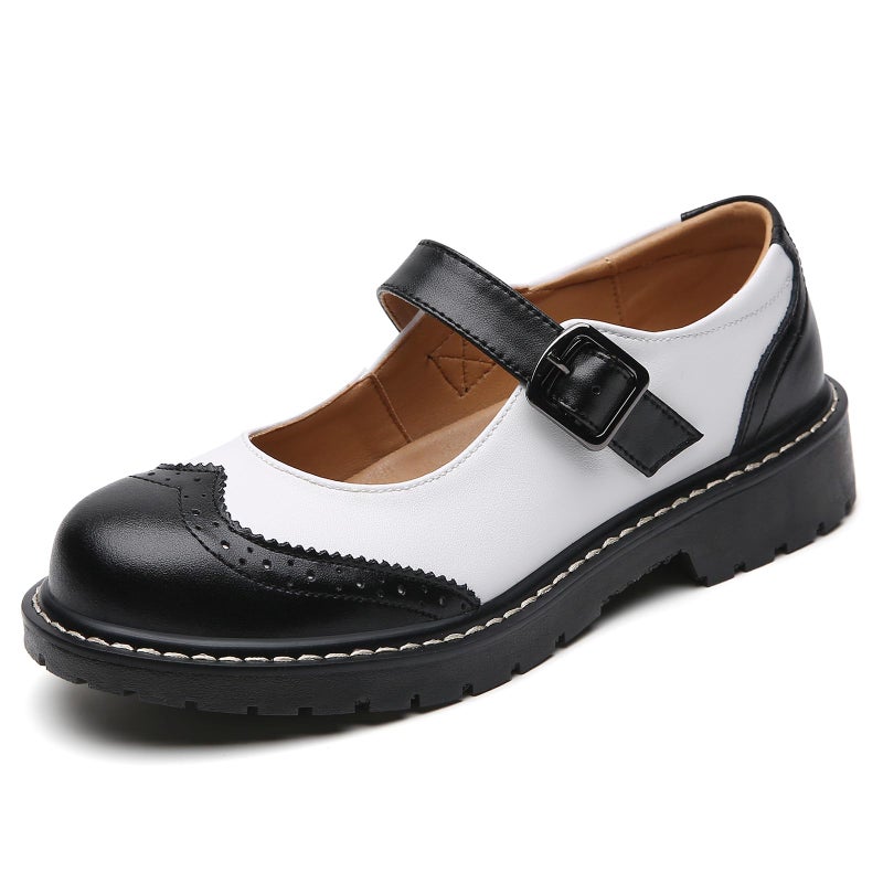 XMM Mary Jane Shoes Women Black Mary Janes Flats Ladies Oxford Shoes for Women Comfort Leather Round Toe Non-Slip Ankle Strap Dressy Casual Cute Girls Kawaii Lolita School Trendy Shoes White US 8.0 - Image 1