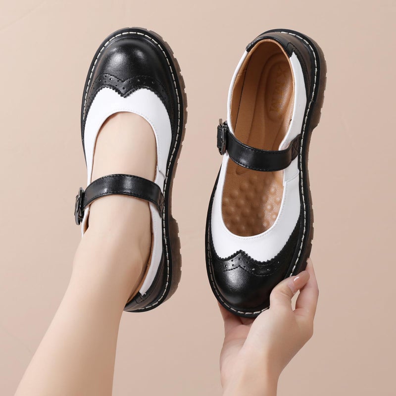 XMM Mary Jane Shoes Women Black Mary Janes Flats Ladies Oxford Shoes for Women Comfort Leather Round Toe Non-Slip Ankle Strap Dressy Casual Cute Girls Kawaii Lolita School Trendy Shoes White US 8.0 - Image 4