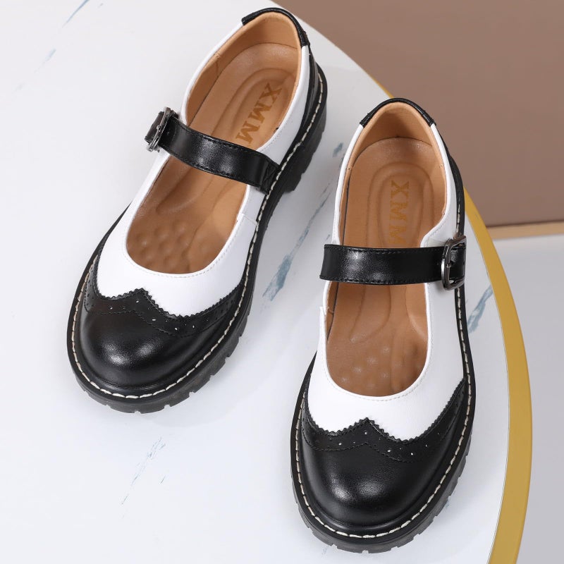 XMM Mary Jane Shoes Women Black Mary Janes Flats Ladies Oxford Shoes for Women Comfort Leather Round Toe Non-Slip Ankle Strap Dressy Casual Cute Girls Kawaii Lolita School Trendy Shoes White US 8.0 - Image 5