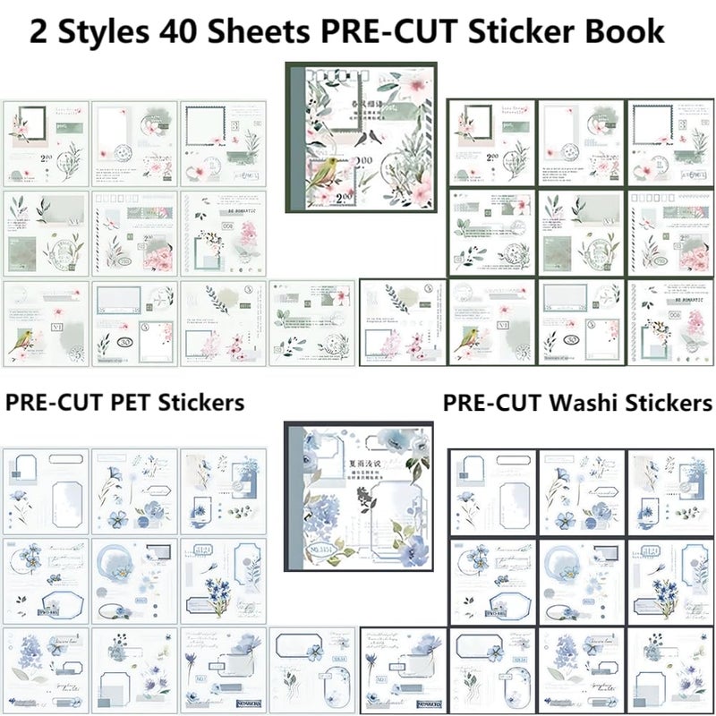 Dwpetzo 40 Sheets Sticker Book for Adults Journaling, Washi and PET Materials, Ephemera Aesthetic Stickers for Junk Journals, Bujo, Planners - Image 2