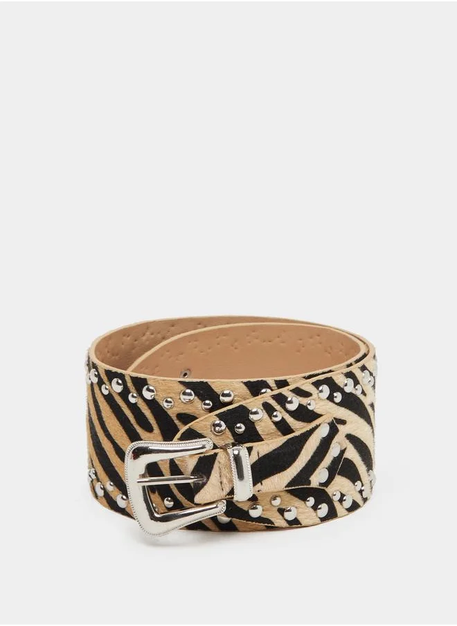 ستايلي Styli Zebra Print Tang Buckle Belt with Studded Detail