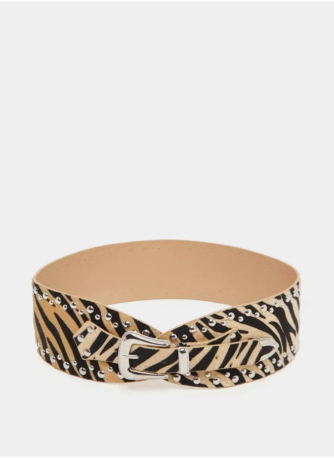 ستايلي Styli Zebra Print Tang Buckle Belt with Studded Detail