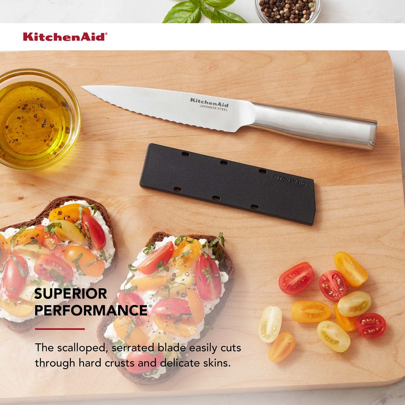 KitchenAid Gourmet Forged Stainless Steel Serrated Utility Knife with Custom-Fit Blade Cover, 5.5-inch, Sharp Kitchen Knife, High-Carbon Japanese Stainless Steel Blade, Brushed Stainless Steel Handle - Image 3