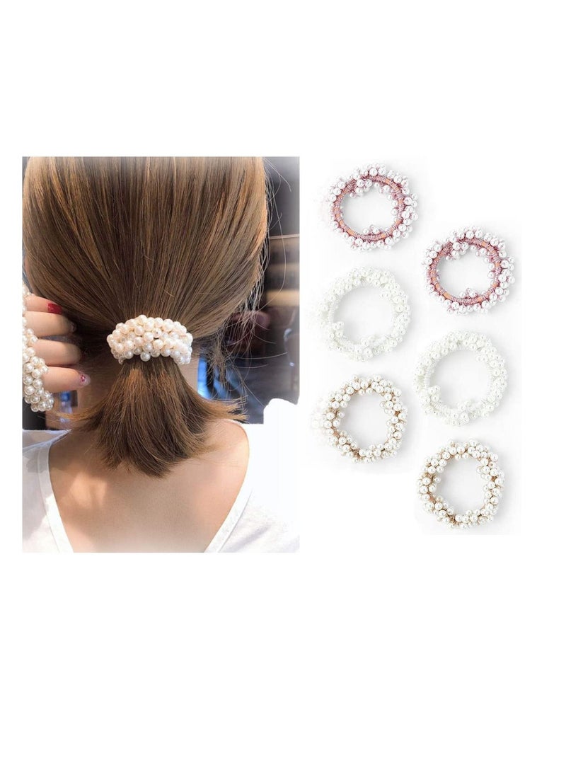 KASTWAVE Pearl Hair Ties, Champagne Elastic Hair Scrunchies Stretchy Hair Bands Bead Hair Ropes Hair Accessories for Women and Girls (Pack of 6) - Image 1