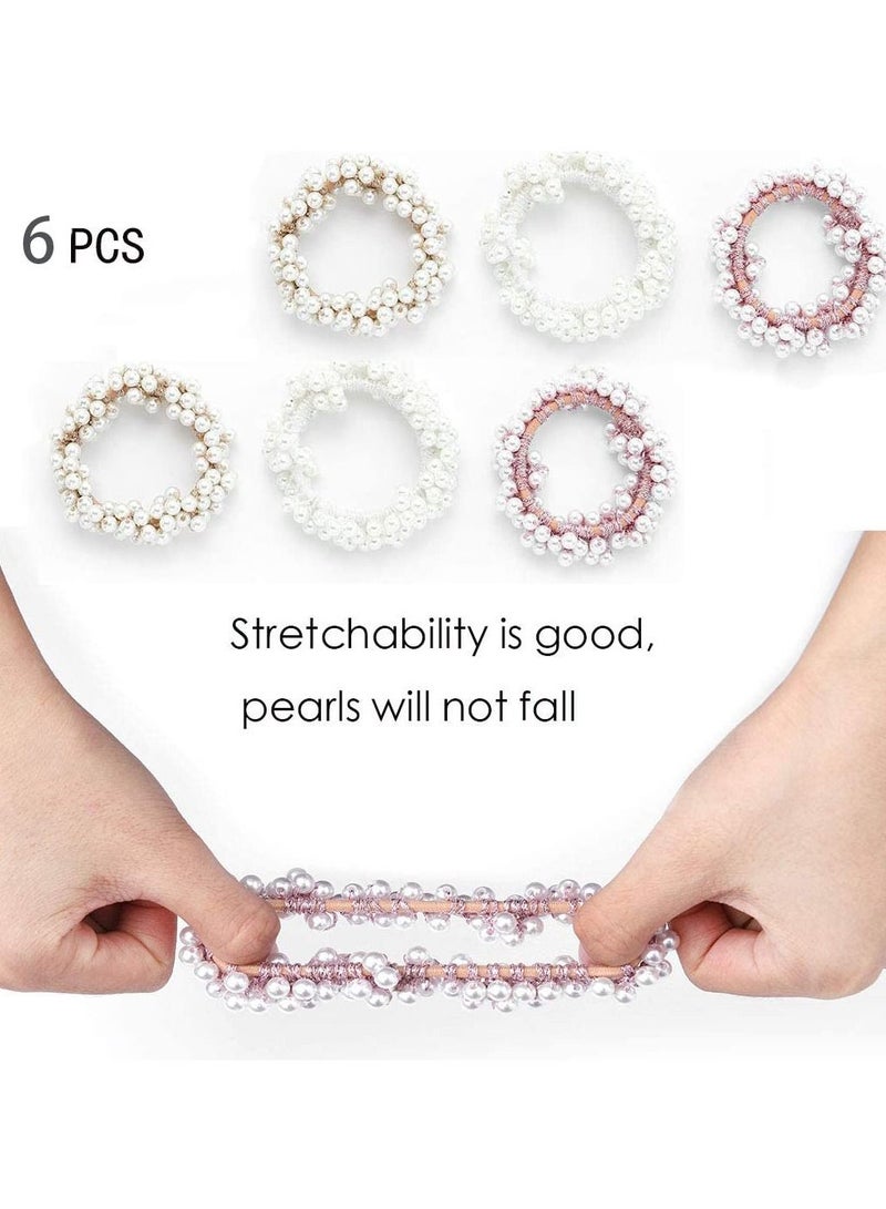 KASTWAVE Pearl Hair Ties, Champagne Elastic Hair Scrunchies Stretchy Hair Bands Bead Hair Ropes Hair Accessories for Women and Girls (Pack of 6) - Image 4