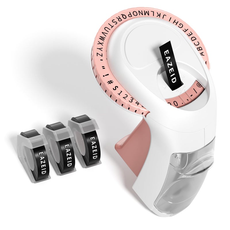 EazeID Pink Embossing Label Maker Manual, Handheld Embossed Label Maker with 3 Black Tapes 3/8Inch, Vintage Retro Embosser Labeler for DIY Scrapbooking, Kids Teachers Practical Gift, Home & Office Use - Image 1