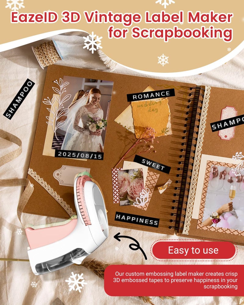 EazeID Pink Embossing Label Maker Manual, Handheld Embossed Label Maker with 3 Black Tapes 3/8Inch, Vintage Retro Embosser Labeler for DIY Scrapbooking, Kids Teachers Practical Gift, Home & Office Use - Image 2