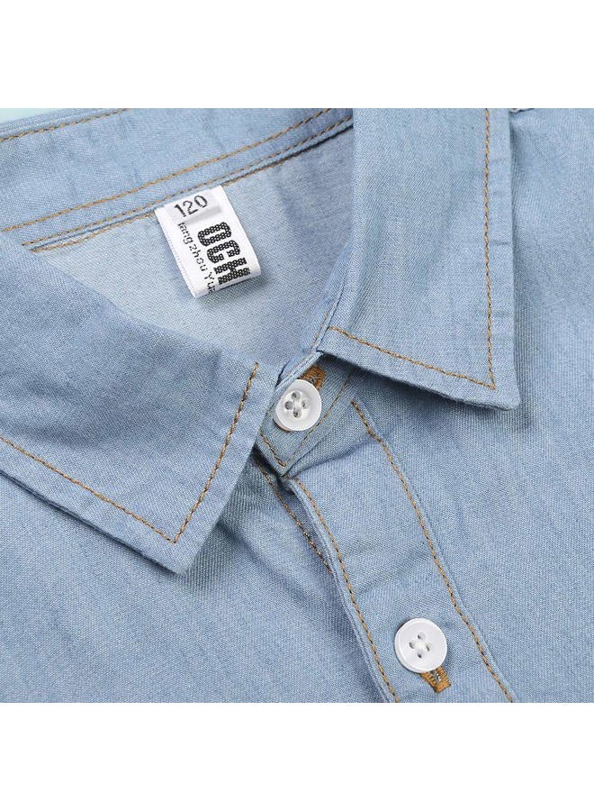 OCHENTA Men & Boys' Denim Button Down Shirt Long Sleeve Lightweight Father Son Matching Outfit, Light Blue, 5-6 Years - Image 5