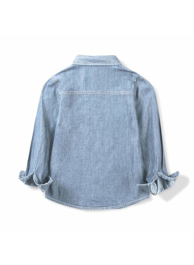OCHENTA Men & Boys' Denim Button Down Shirt Long Sleeve Lightweight Father Son Matching Outfit, Light Blue, 5-6 Years - Image 4