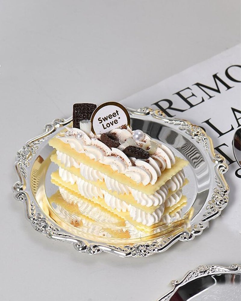 SEEK RARE 2PCS Coffee Table Tray 7.9in Round Decorative Tray Vintage Metal Dessert Plates for Snacks Fruit Silver - Image 5