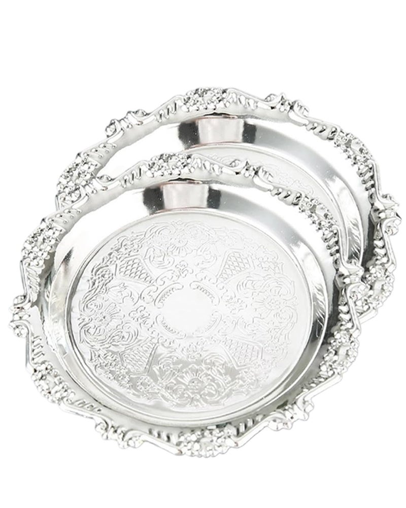 SEEK RARE 2PCS Coffee Table Tray 7.9in Round Decorative Tray Vintage Metal Dessert Plates for Snacks Fruit Silver - Image 1