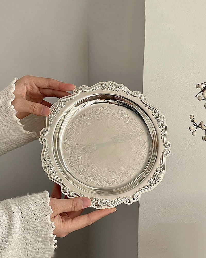 SEEK RARE 2PCS Coffee Table Tray 7.9in Round Decorative Tray Vintage Metal Dessert Plates for Snacks Fruit Silver - Image 4