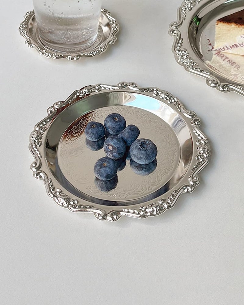 SEEK RARE 2PCS Coffee Table Tray 7.9in Round Decorative Tray Vintage Metal Dessert Plates for Snacks Fruit Silver - Image 3