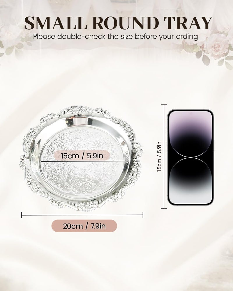 SEEK RARE 2PCS Coffee Table Tray 7.9in Round Decorative Tray Vintage Metal Dessert Plates for Snacks Fruit Silver - Image 2