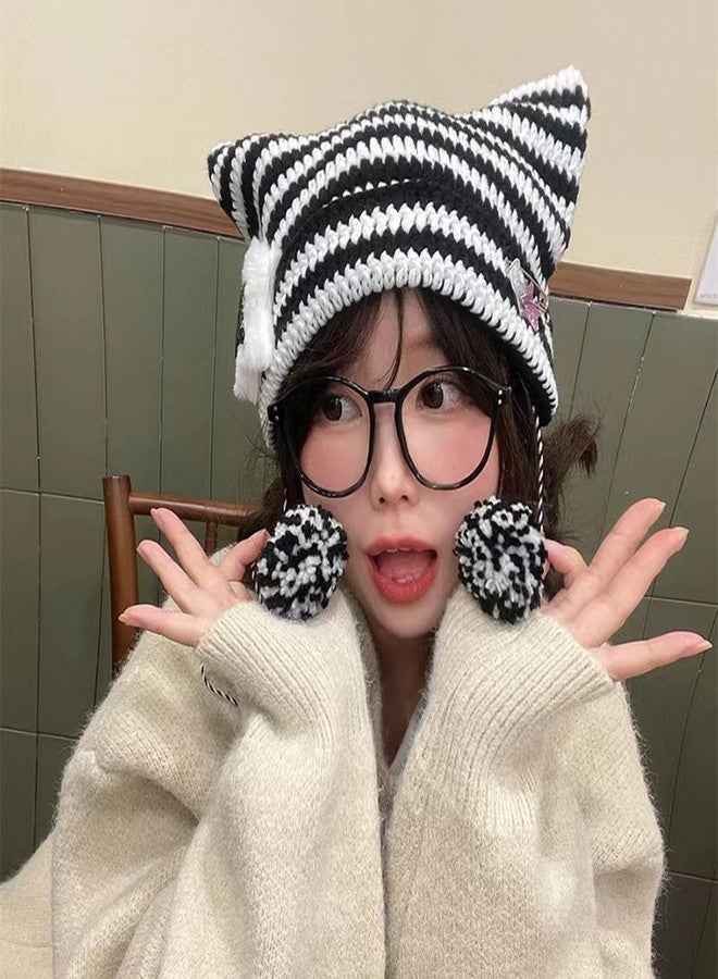 piercing Cat Beanie, Cat Ear Beanie, Winter Cap Women, Winter Cap for Women Striped Knit Cotton Cat Hat Goth Winter Warm Ear Protector Knitted Drawstrings Beanies - Image 5