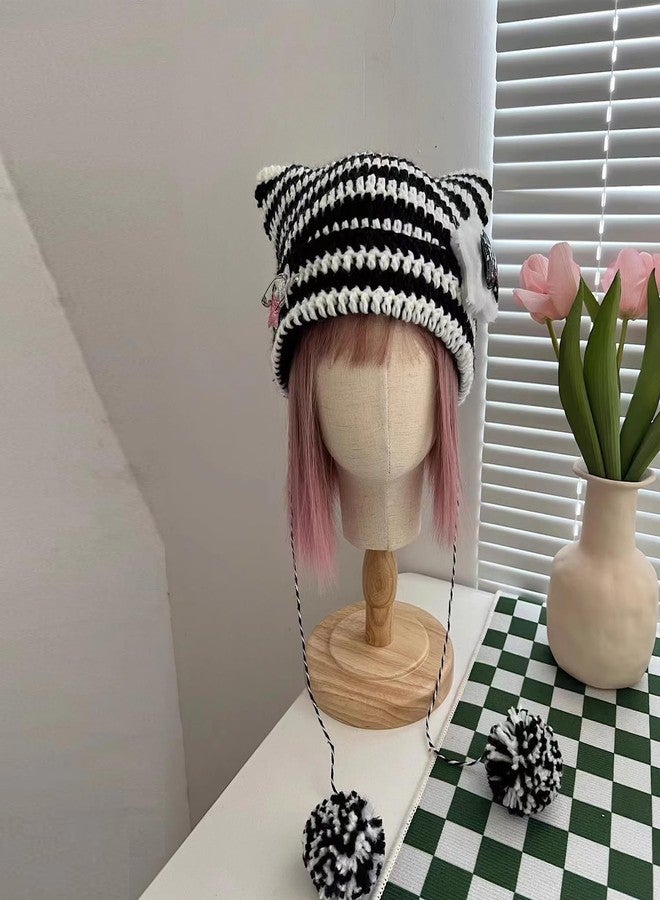 piercing Cat Beanie, Cat Ear Beanie, Winter Cap Women, Winter Cap for Women Striped Knit Cotton Cat Hat Goth Winter Warm Ear Protector Knitted Drawstrings Beanies - Image 3