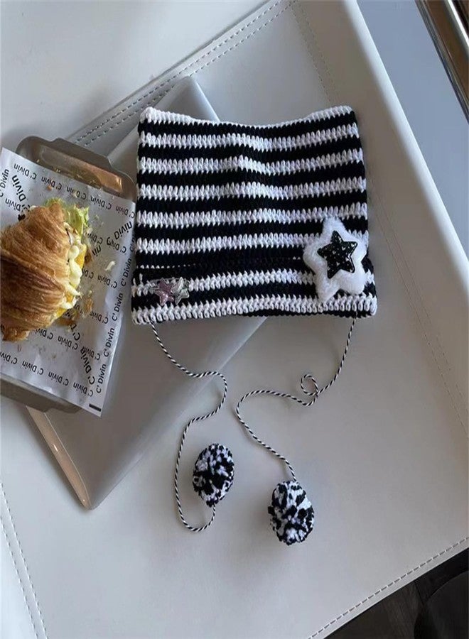 piercing Cat Beanie, Cat Ear Beanie, Winter Cap Women, Winter Cap for Women Striped Knit Cotton Cat Hat Goth Winter Warm Ear Protector Knitted Drawstrings Beanies - Image 4