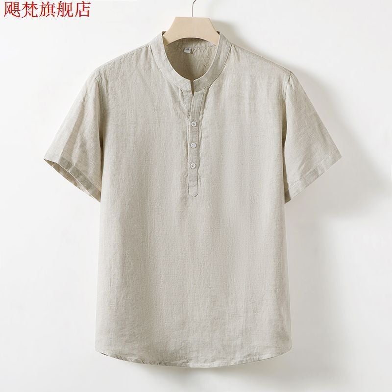 New Pure Linen Short-Sleeved T-Shirt Men'S Summer Chinese Style Loose Thin Top Middle-Aged Casual Half-Sleeved Linen T-Shirt - Image 2