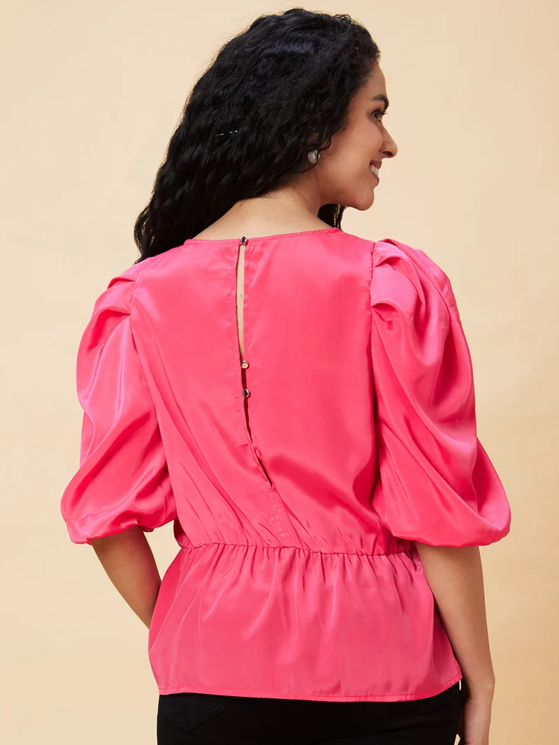 globus Women Pink Puff Sleeves Gathered Cinched Waist Top