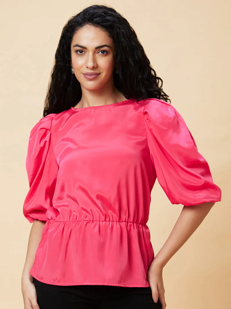globus Women Pink Puff Sleeves Gathered Cinched Waist Top