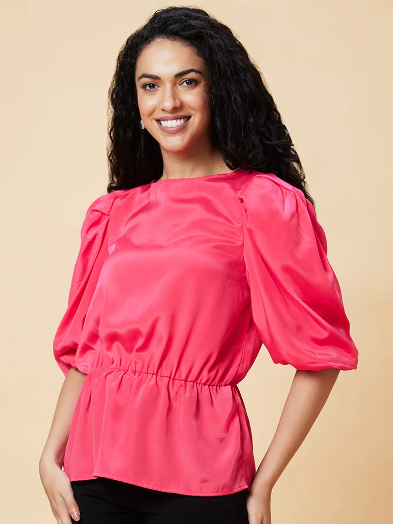 globus Women Pink Puff Sleeves Gathered Cinched Waist Top