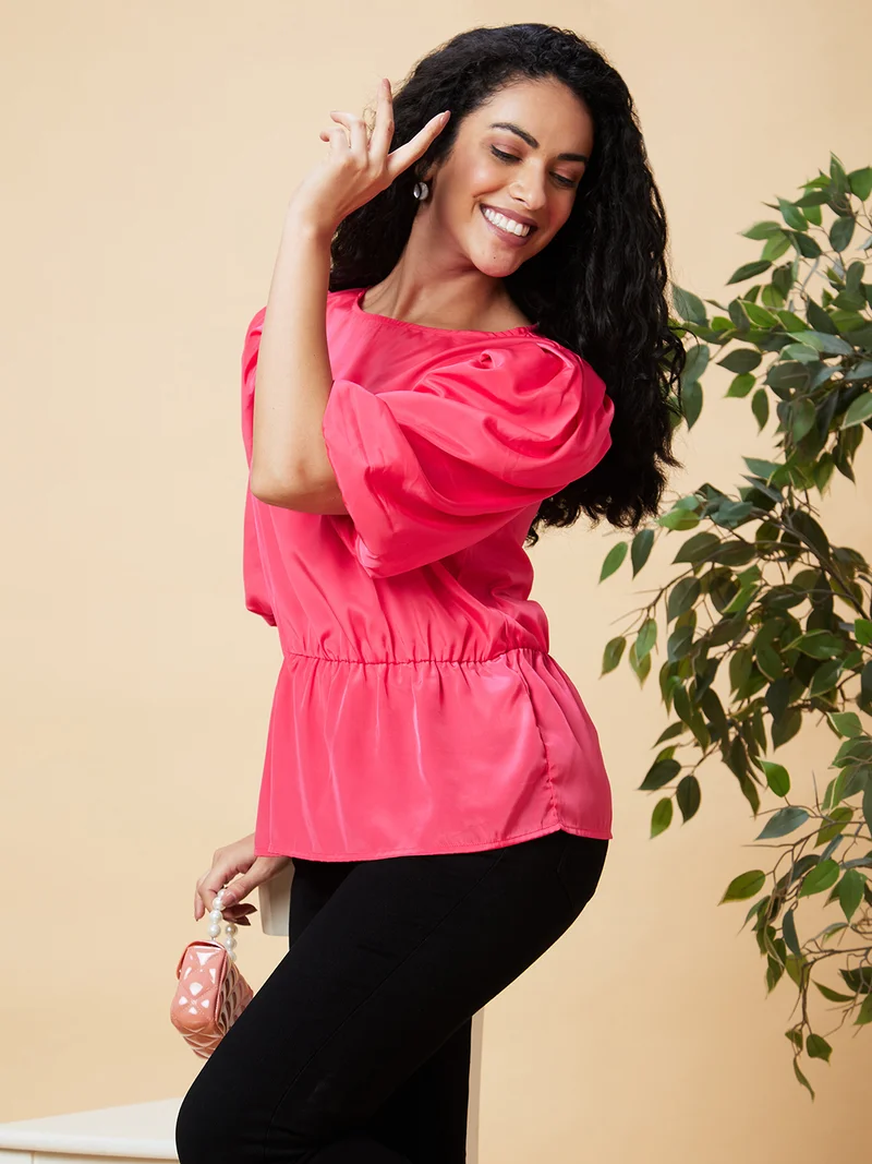 globus Women Pink Puff Sleeves Gathered Cinched Waist Top
