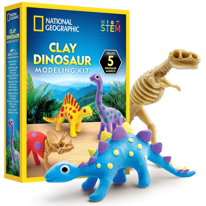Blue Marble NATIONAL GEOGRAPHIC Clay Dinosaur Arts & Crafts Kit - Dinosaur Air Dry Clay for Kids with 5 Clay Colors, 5 Dino Skeletons & Googly Eyes, Dinosaur Activity for Girls and Boys Ages 4 5 6 7 8 9 & 10 - Image 1