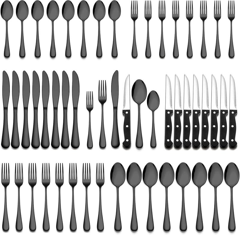 Wildone 48-Piece Black Flatware Set with Steak Knives, Stainless Steel Silverware Cutlery Set Service for 8, Tableware Eating Utensils Include Knives/Forks/Spoons, Mirror Polished, Dishwasher Safe - Image 1
