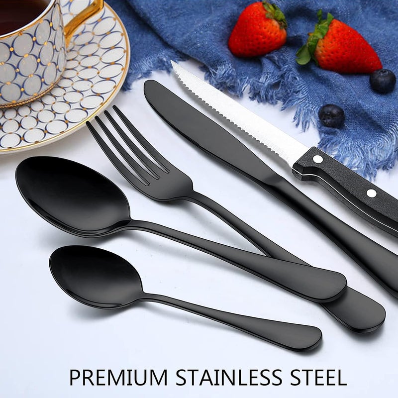 Wildone 48-Piece Black Flatware Set with Steak Knives, Stainless Steel Silverware Cutlery Set Service for 8, Tableware Eating Utensils Include Knives/Forks/Spoons, Mirror Polished, Dishwasher Safe - Image 4