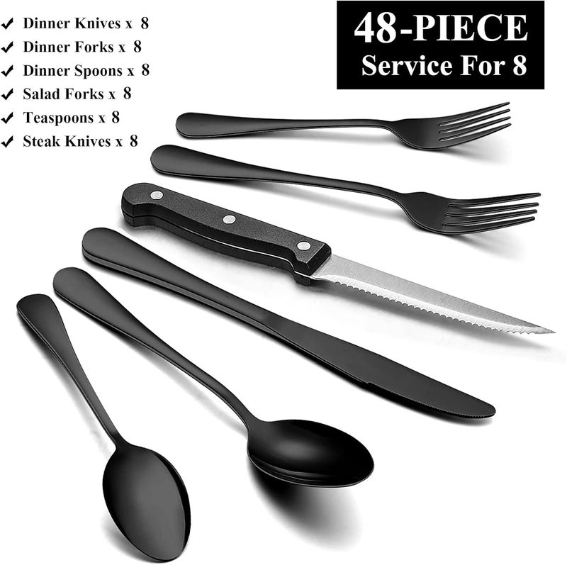 Wildone 48-Piece Black Flatware Set with Steak Knives, Stainless Steel Silverware Cutlery Set Service for 8, Tableware Eating Utensils Include Knives/Forks/Spoons, Mirror Polished, Dishwasher Safe - Image 2