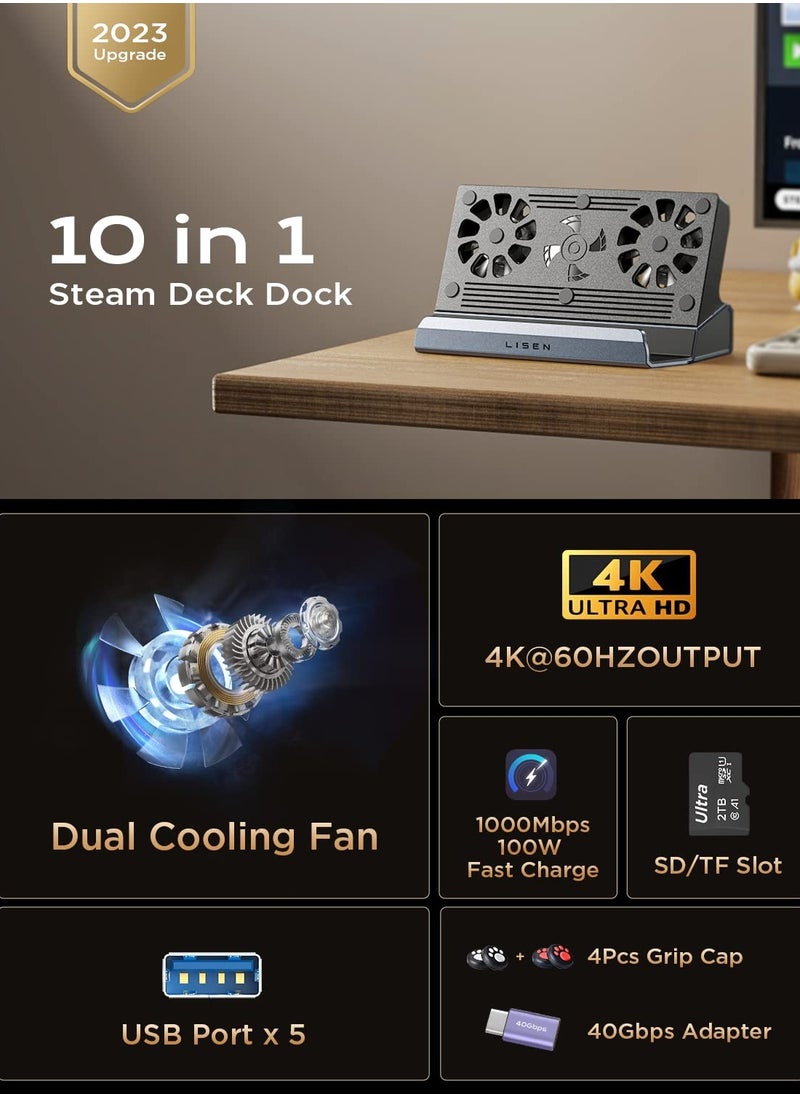 SYOSI - محطة إرساء Steam Deck مع مروحة، حامل قاعدة Steam Deck 10 في 1 يدعم HDMI 2.0 4k@60hz، جيجابت إيثرنت، شحن كامل السرعة USB-C، USB-A 3.0، USB-A 2.0، SD(U3)، تف (U3) - Image 1