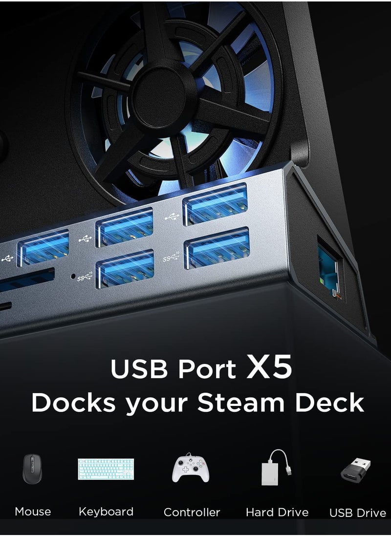 SYOSI - محطة إرساء Steam Deck مع مروحة، حامل قاعدة Steam Deck 10 في 1 يدعم HDMI 2.0 4k@60hz، جيجابت إيثرنت، شحن كامل السرعة USB-C، USB-A 3.0، USB-A 2.0، SD(U3)، تف (U3) - Image 1