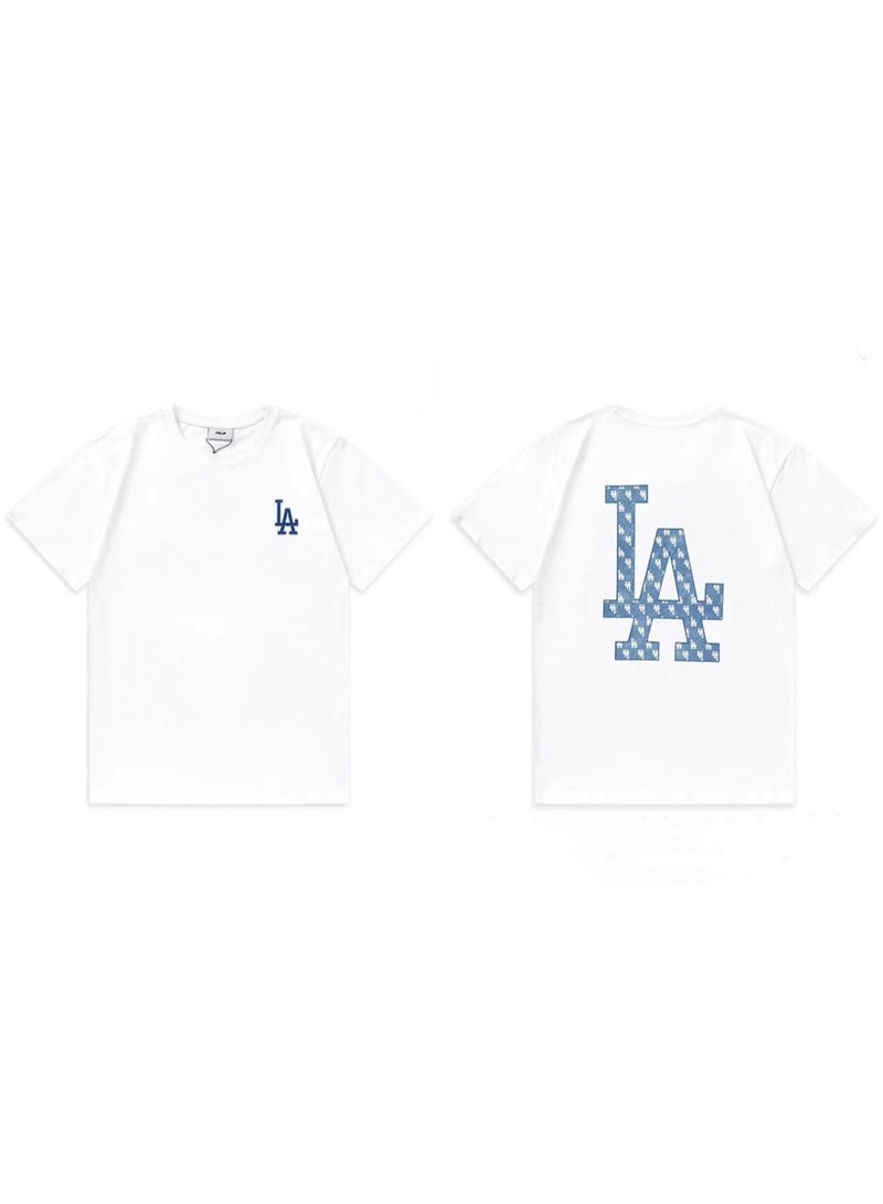 MLB LA Monogram Front Back Graphic White Unisex Cotton T-shirt-XL - Image 1