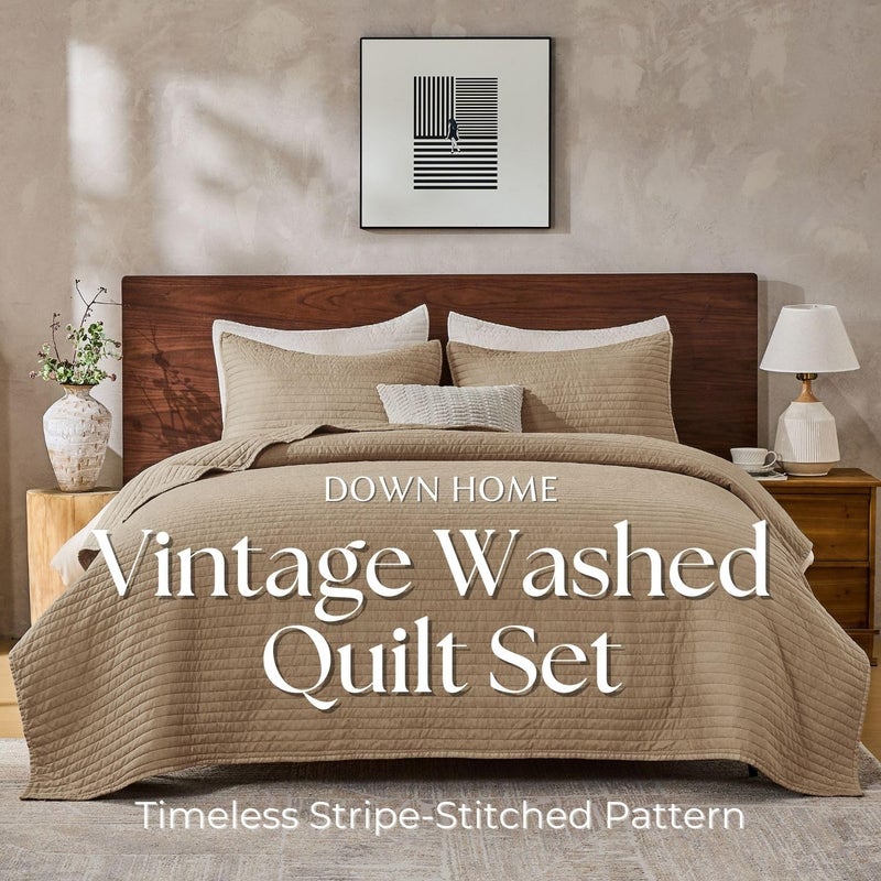 DOWN HOME Queen Quilt Bedding Set with Shams, Vintage Washed Soft Quilted Blanket Thin Comforter Lightweight Bedspread Coverlet Bed Cover, Brushed Microfiber Stripe Stitching, Brown, 86"x90" - Image 2