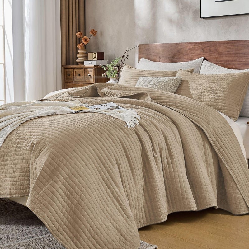 DOWN HOME Queen Quilt Bedding Set with Shams, Vintage Washed Soft Quilted Blanket Thin Comforter Lightweight Bedspread Coverlet Bed Cover, Brushed Microfiber Stripe Stitching, Brown, 86"x90" - Image 1
