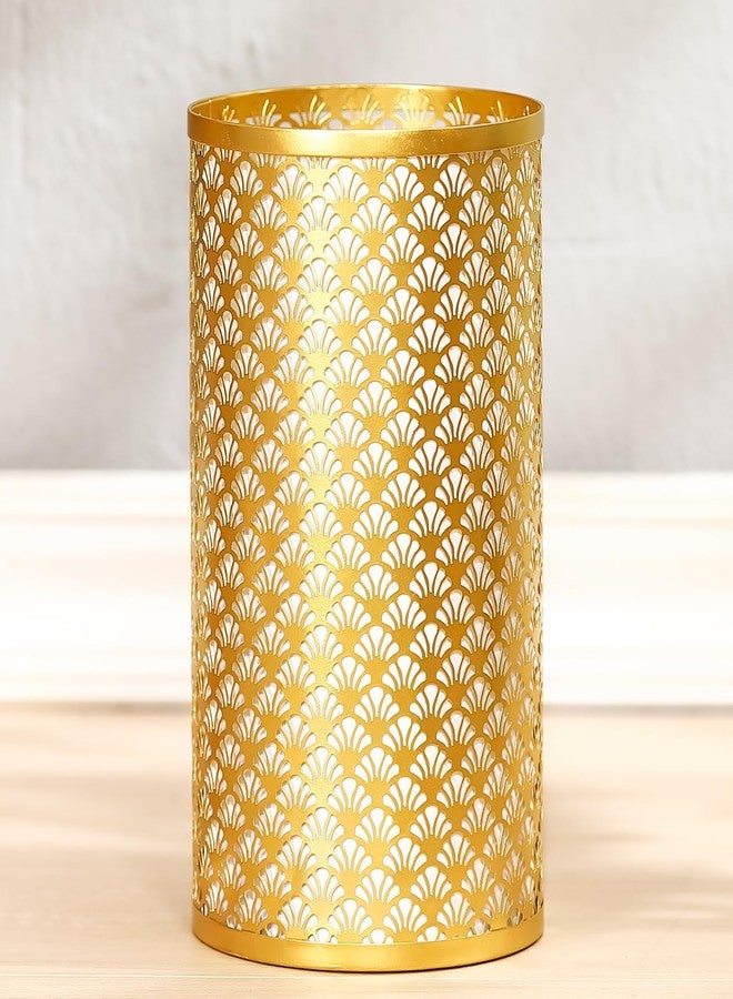 MOCOME Small Metal Garbage Can, Decorative Fans Waste Basket, Elegant Gold Trash Can for Bathroom, Bedroom, Office and Kitchen, 7" W X 7" L X 12" H - Image 1