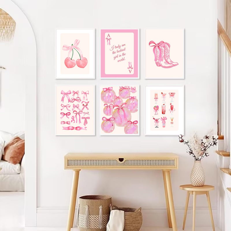 Uniro Coquette Room Decor Pink, Trendy Bows Wall Art Posters for Girls Dorm Bedroom Decor, Cute Coquette Posters, Coquette Wall Decor, Preppy Room Decor Aesthetic, Girly Wall Art Prints Ball Cherry Bow Room Decor for Apartment Decor- 8x10Inch|UNFRAMED - Image 2