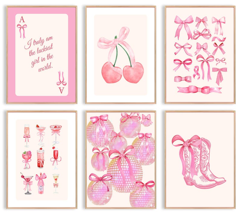 Uniro Coquette Room Decor Pink, Trendy Bows Wall Art Posters for Girls Dorm Bedroom Decor, Cute Coquette Posters, Coquette Wall Decor, Preppy Room Decor Aesthetic, Girly Wall Art Prints Ball Cherry Bow Room Decor for Apartment Decor- 8x10Inch|UNFRAMED - Image 1