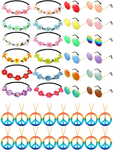 MTLEE 36 Pieces Hippie Costume Accessory Set for 60s 70s with Peace Sign Necklaces Daisy Sunflower Headbands and Retro Round Sunglasses for Hippie Party Supplies - Image 1