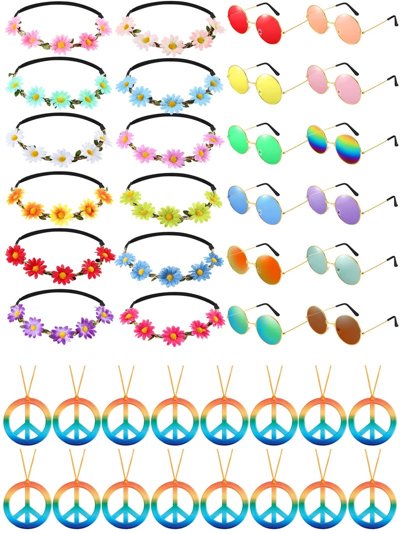 MTLEE 36 Pieces Hippie Costume Accessory Set for 60s 70s with Peace Sign Necklaces Daisy Sunflower Headbands and Retro Round Sunglasses for Hippie Party Supplies - Image 2