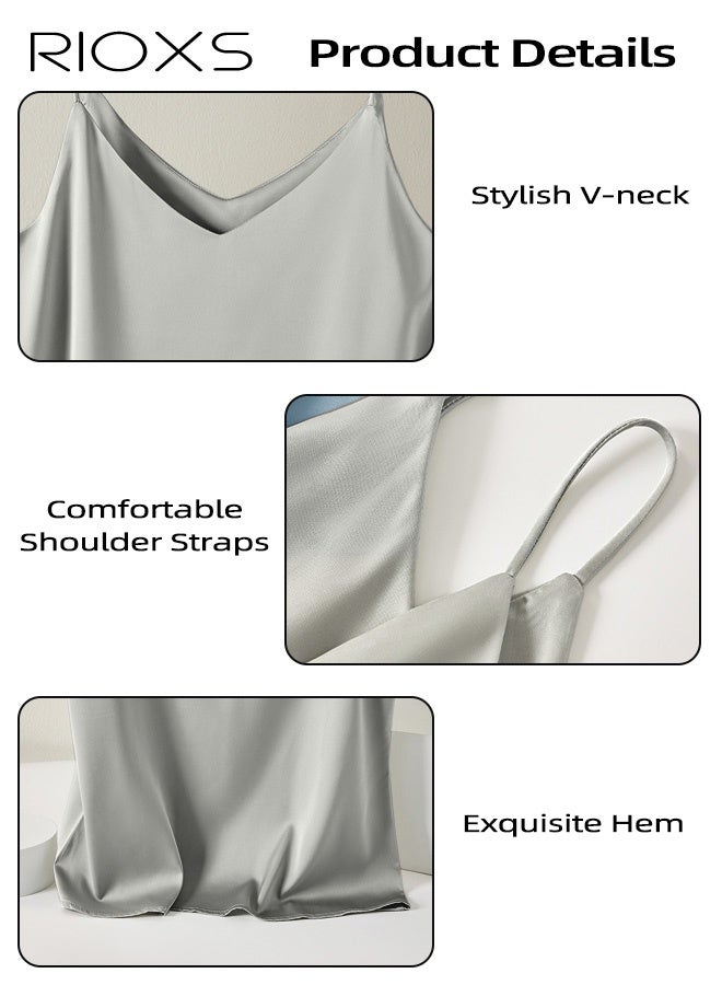 RIOXS Women's Silk Satin Spaghetti-Strap Tank Top, Solid-Color Summer Layering Tank Top with a V-neck, Loose-Fit Lightweight and Breathable for Everyday Layering, Iron-Free Easy-Care Soft Fabric, Suitable for the Office and Casual Occasions, Pairs Well with Cardigans and Blazers, Green - Image 3